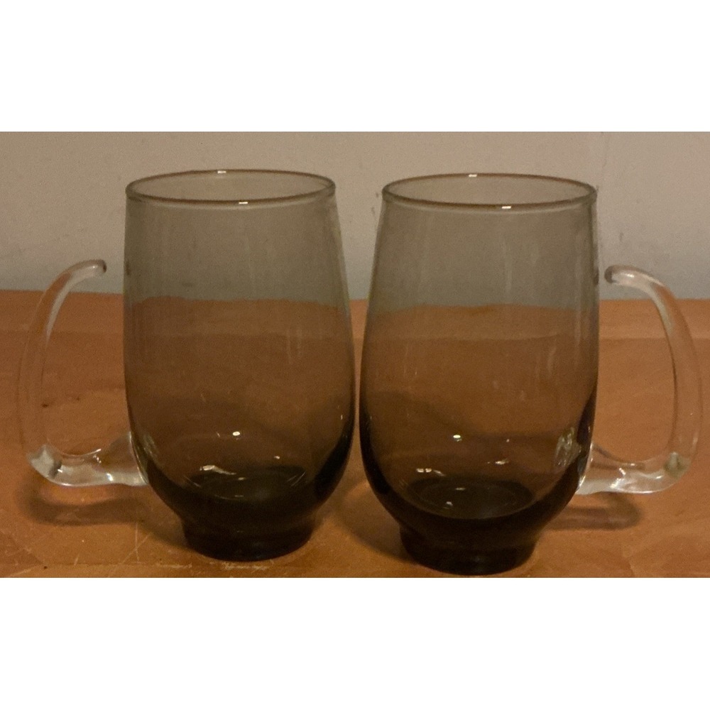 Vintage Libbey Tempo Brown Smoke Glass Open D Handle Mugs Tankards 16oz Set Of 2
